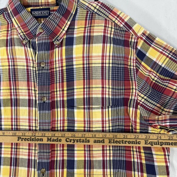 LANDS ENDS BUTTON DOWN LONG SLEEVE SHIRT MENS LARGE TALL YELLOW PLAID RED RIPPED - Picture 13 of 14